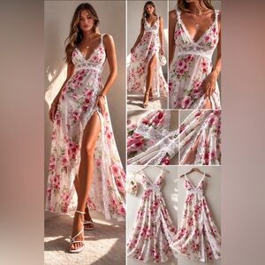 Y2K Sheer Maxi Babydoll White Floral Maxi Dress L Lace Fairy Romantic Coquette